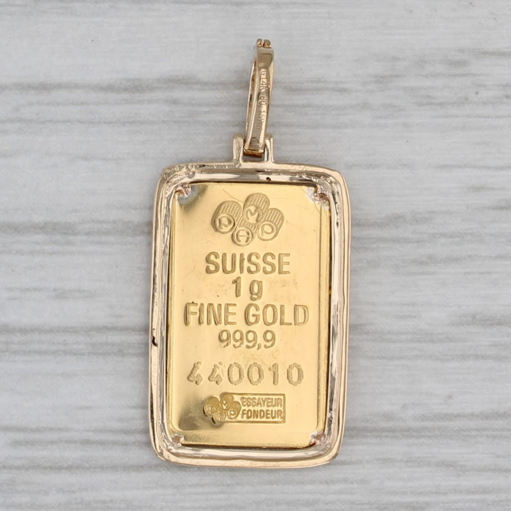 Gray New Diamond Halo Fortuna Pamp Gold Bar Pendant 1 Gram 999 and 14k Yellow Gold