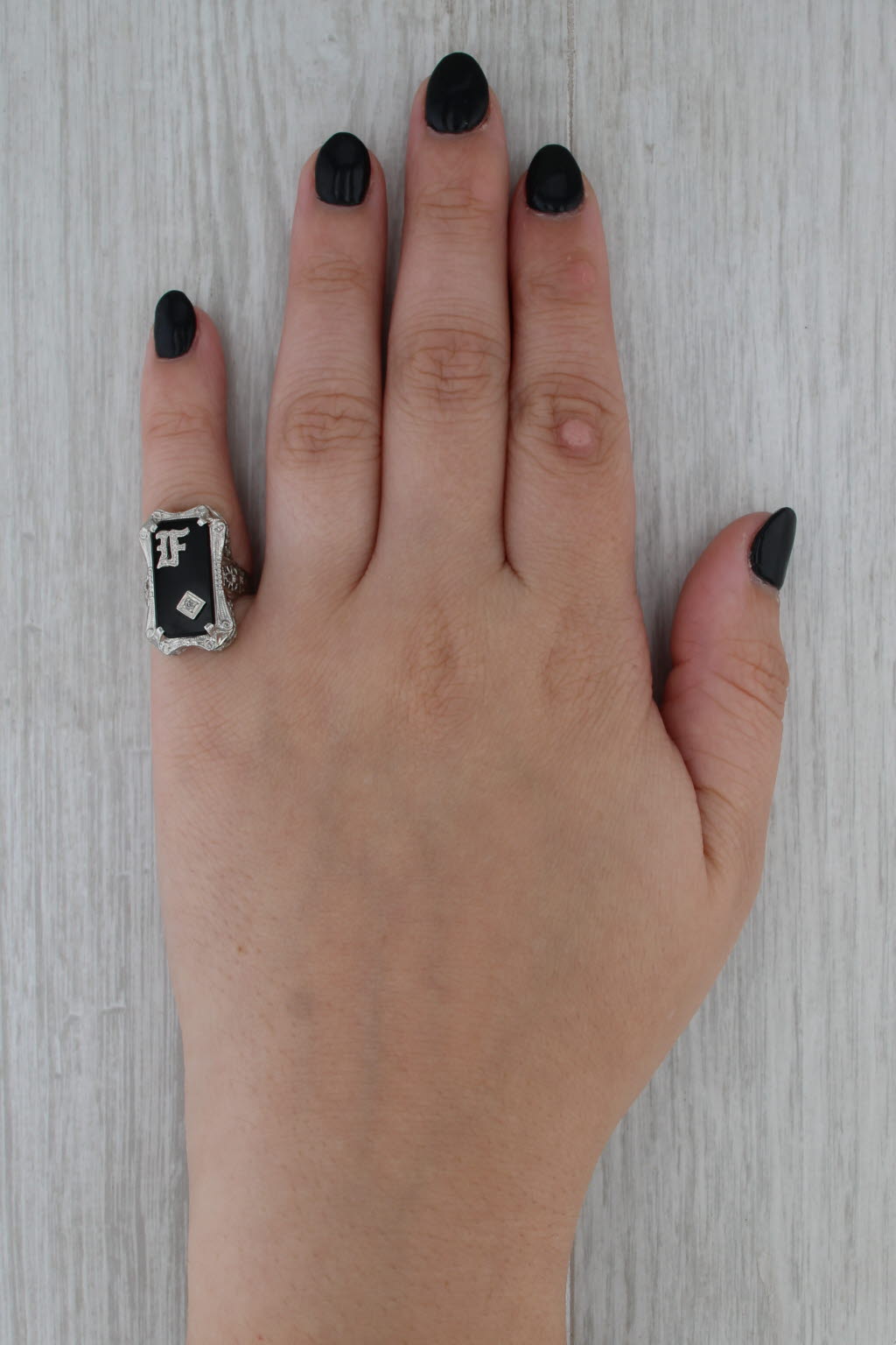 Vintage Onyx Diamond Letter Initial F Art Deco Ring 14k White Gold Size 5.25
