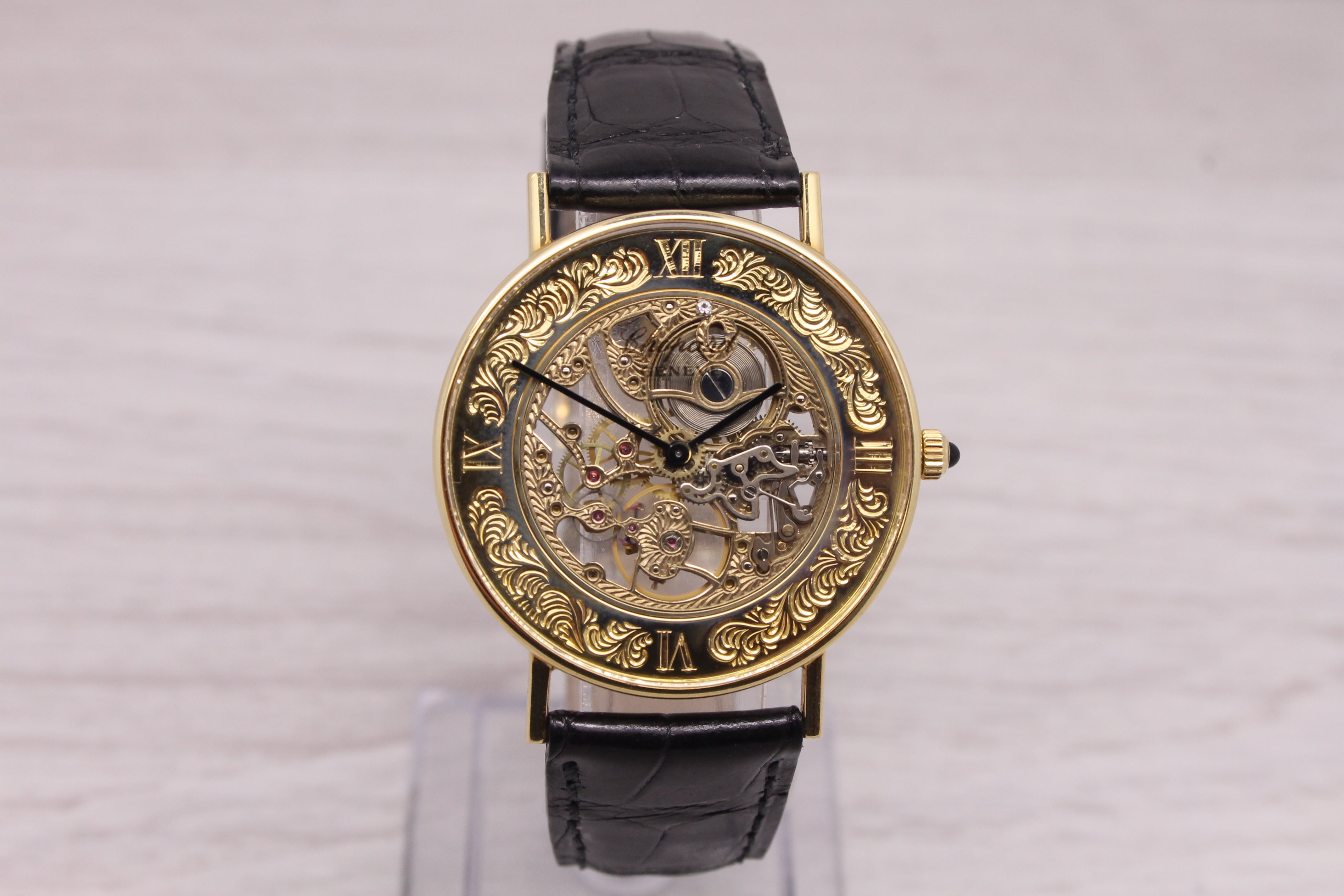 Gray Vintage Chopard 18k Yellow Gold Skeleton Watch ref.161032 w Box & Band Very Rare