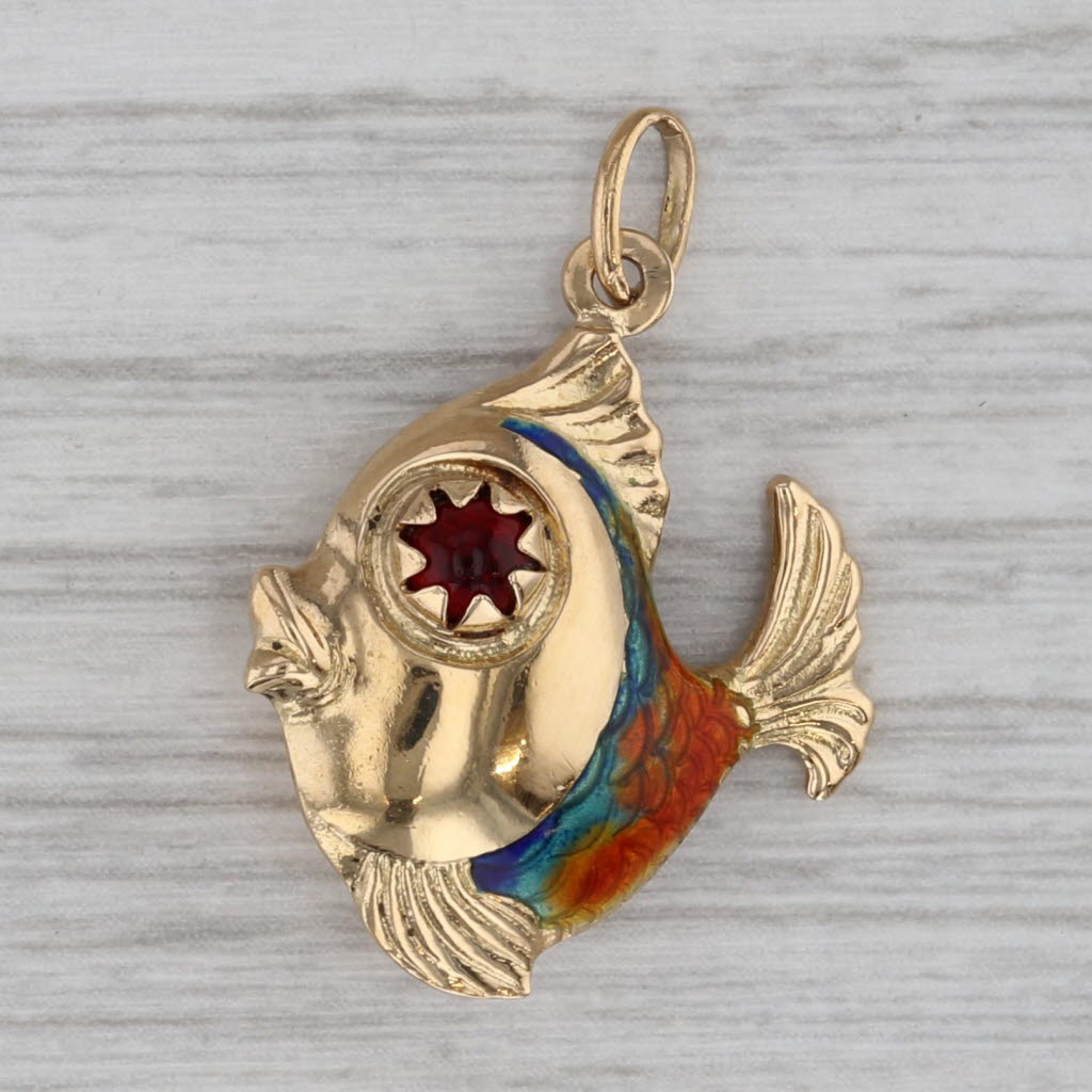 Gray Glass Eyed Fish Charm 18k Yellow Gold Enamel Pendant