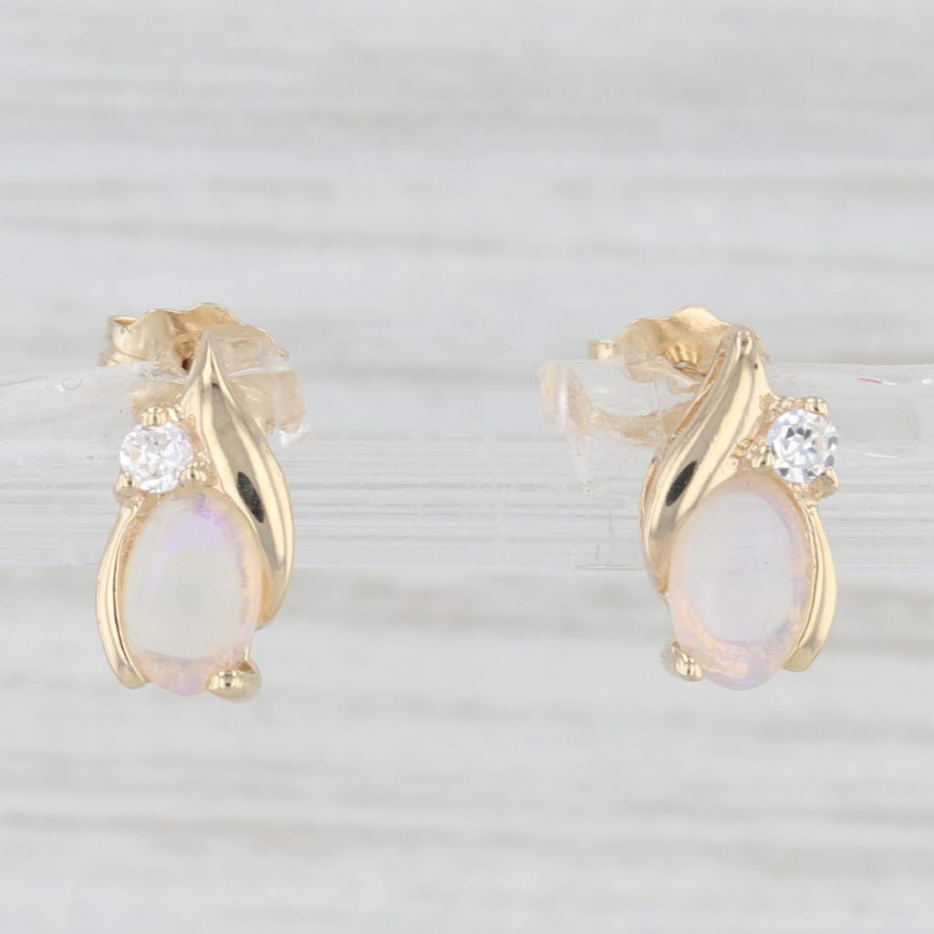 Light Gray Opal Cabochon Cubic Zirconia Stud Earrings 10k Yellow Gold