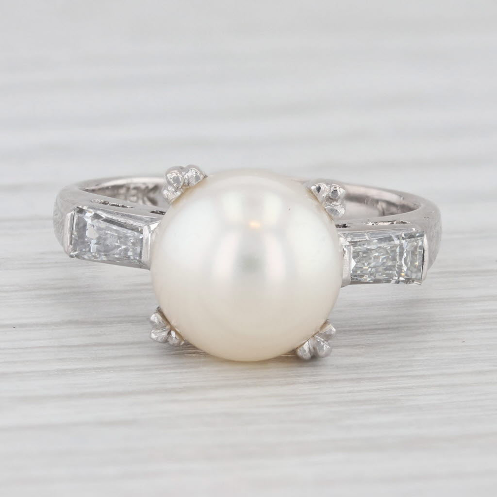 Light Gray Vintage Cultured Pearl Diamond Ring 18k White Gold Size 6.5