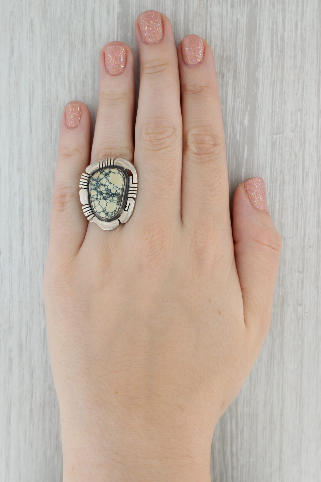 Dark Gray Vintage Native American Howlite Resin Statement Ring Sterling Silver Size 9.75