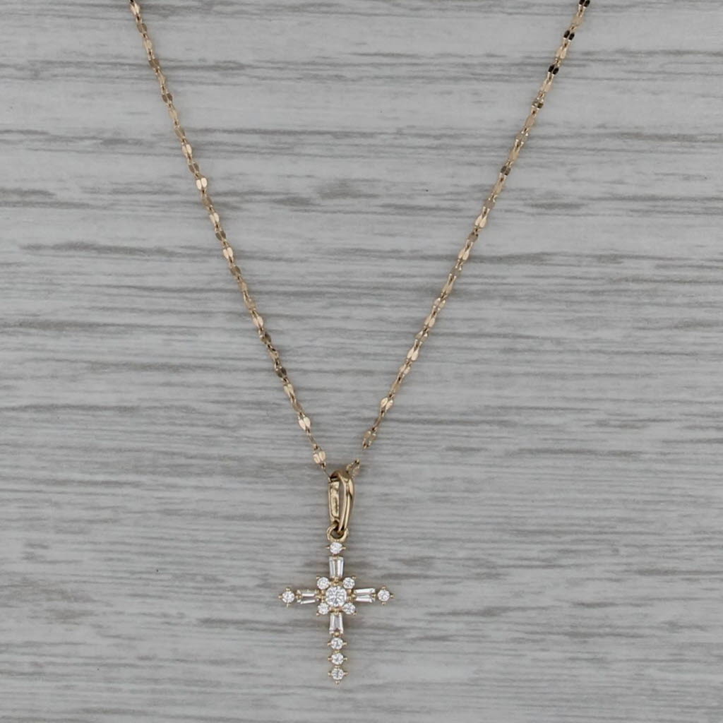 0.17ctw Cubic Zircobia Cross Pendant Necklace 14k Gold 16" 18" Mirror Chain