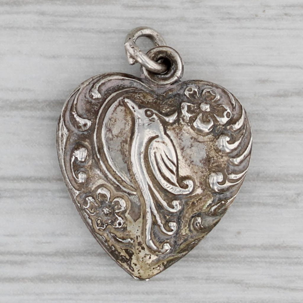 Gray Vintage Puffy Heart Bird Charm Sterling Silver Ornate Pendant