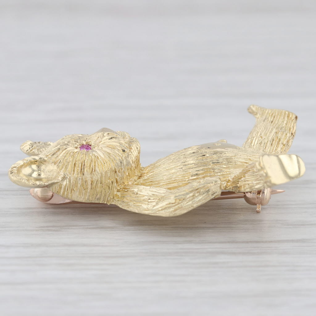 Light Gray Ruby Eyed Teddy Bear Brooch 18k Yellow Gold Pin