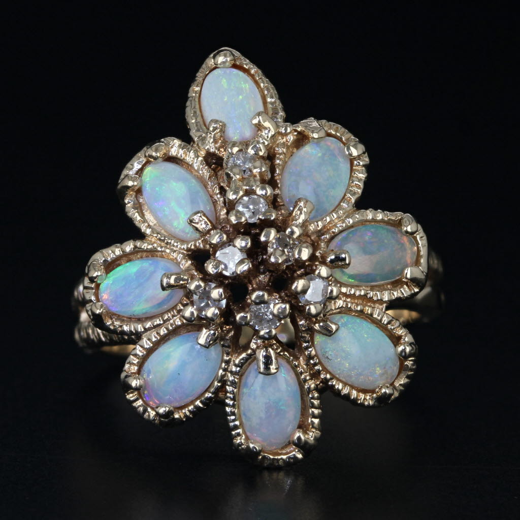 Dark Gray Vintage Opal Diamond Flower Cocktail Ring 14k Yellow Gold Size 6.25