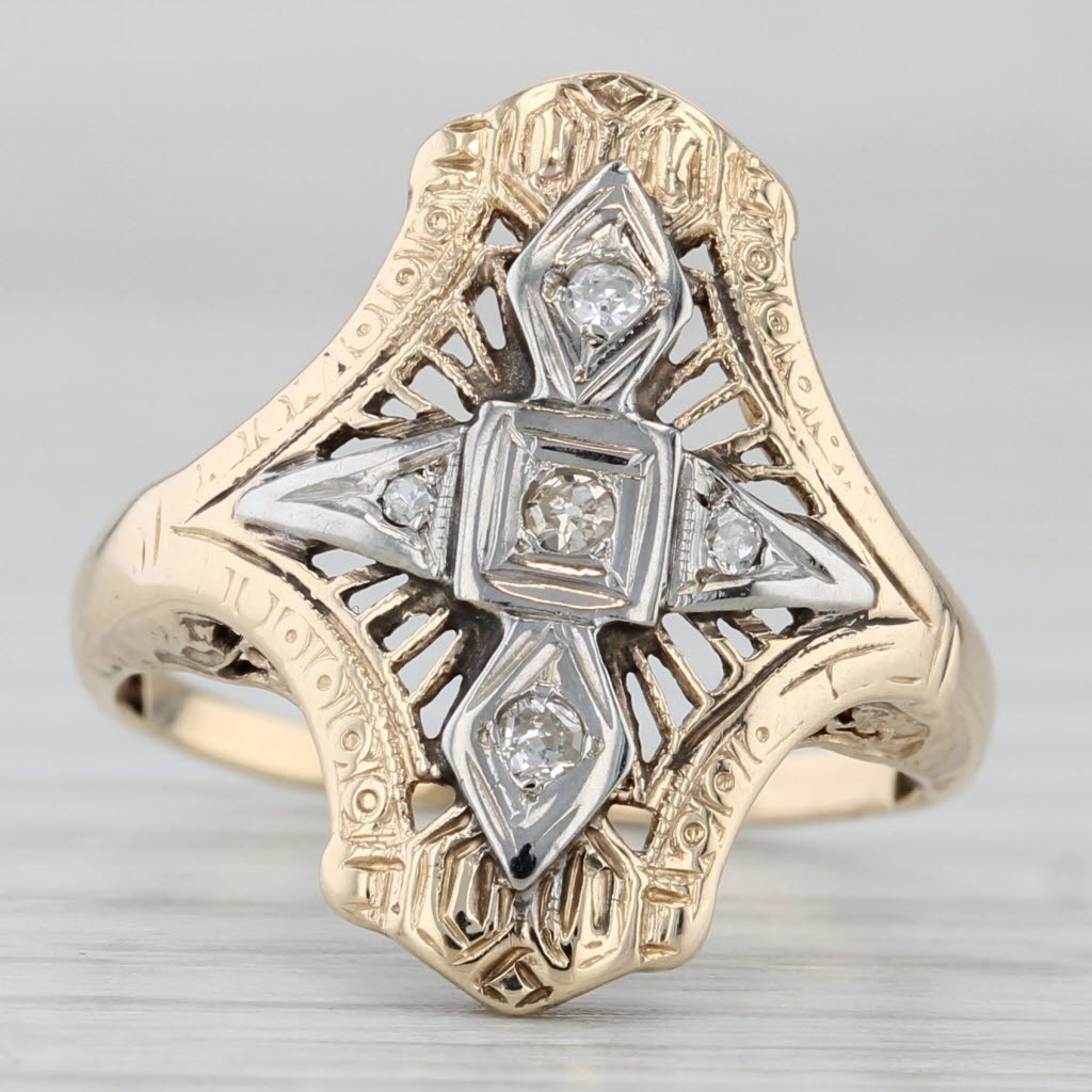 Gray Vintage Diamond Filigree Ring 14k Yellow White Gold Size 6.5