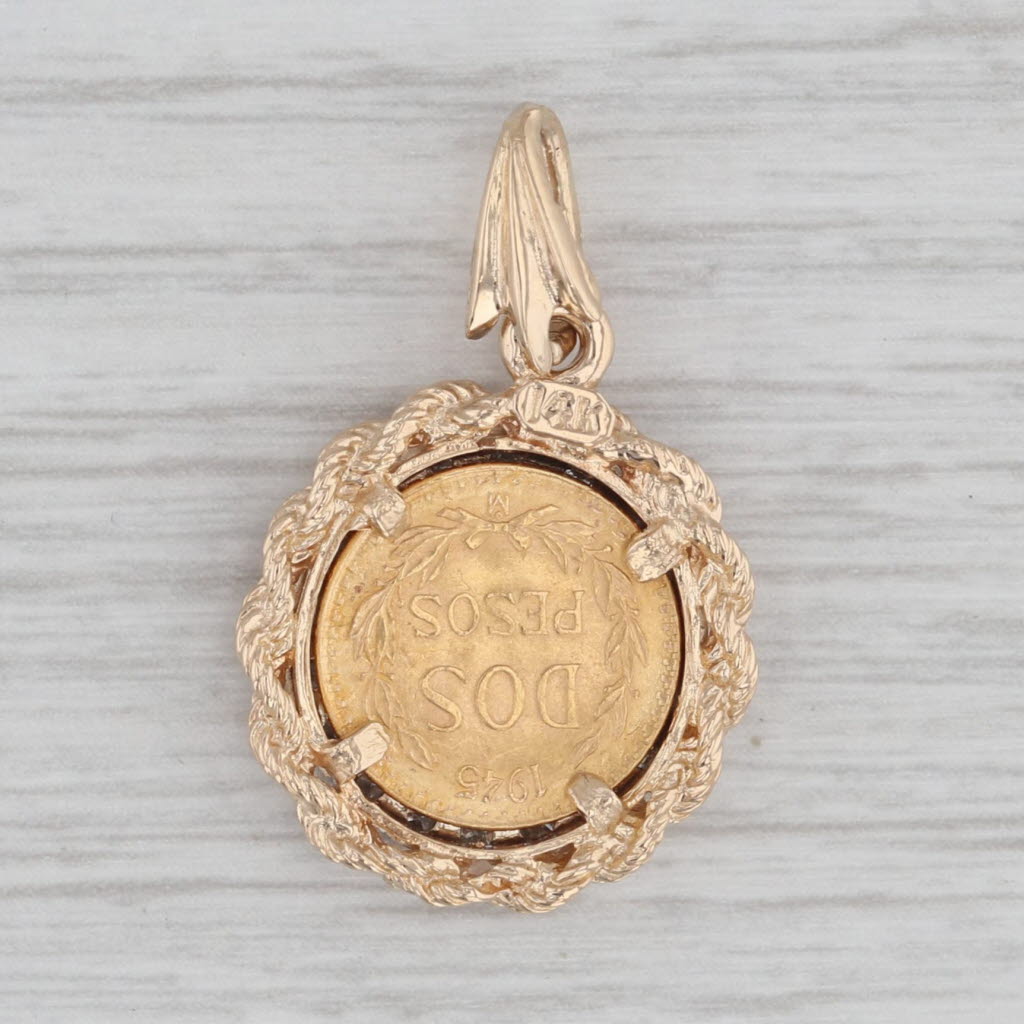 Gray 0.18ctw Diamond Bezel 1945 Dos Pesos Mexican Coin Pendant 14k 900 Gold