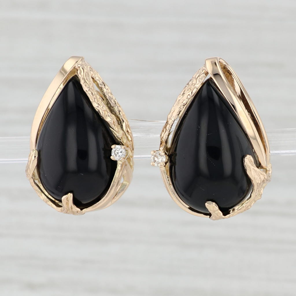 Light Gray Black Glass Teardrop Earrings 14k Yellow Gold Pierced Omega Backs