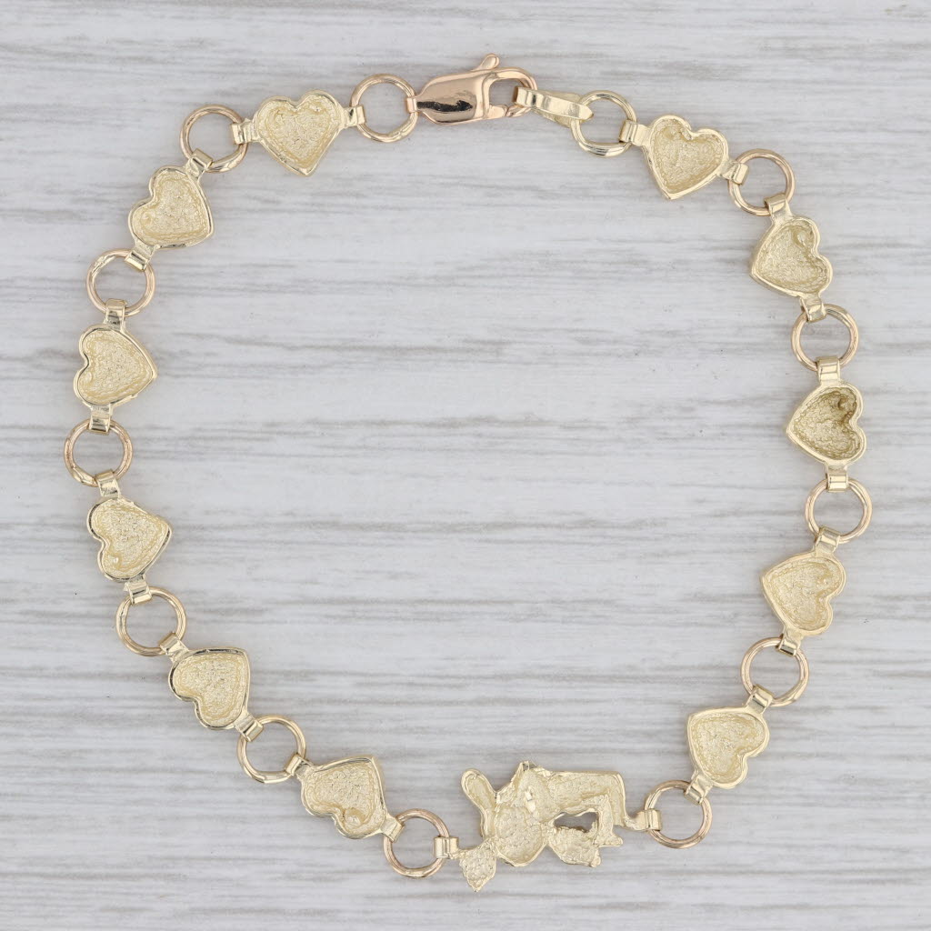 Gray Guardian Angel Cherub Hearts Bracelet 10k Yellow Gold 7.25"