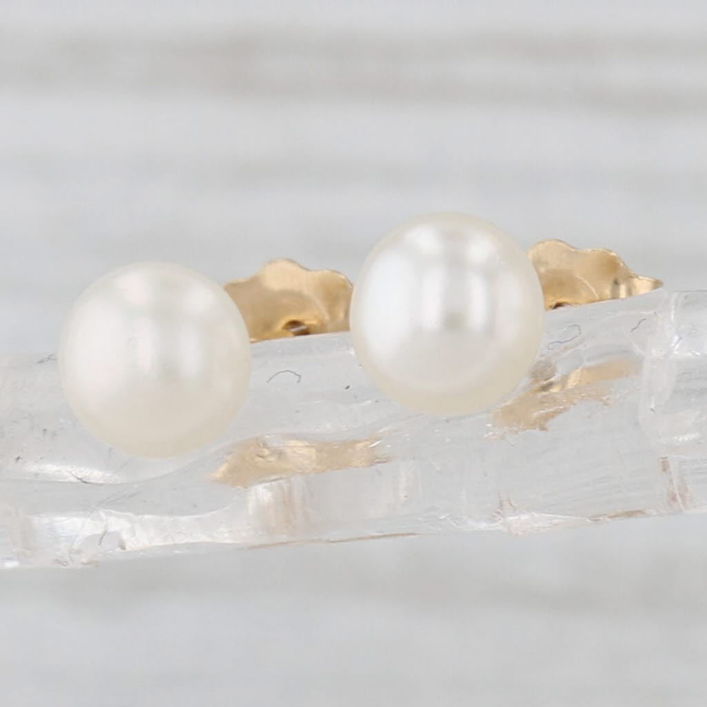 5.3mm Cultured Pearl Stud Earrings 14k Yellow Gold Round Solitaire Studs