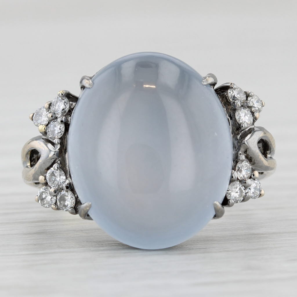 Gray Ice Gray Jadeite Jade Ring 18k Gold Oval Cabochon 0.27ctw Diamond Sz 6.5 Papers