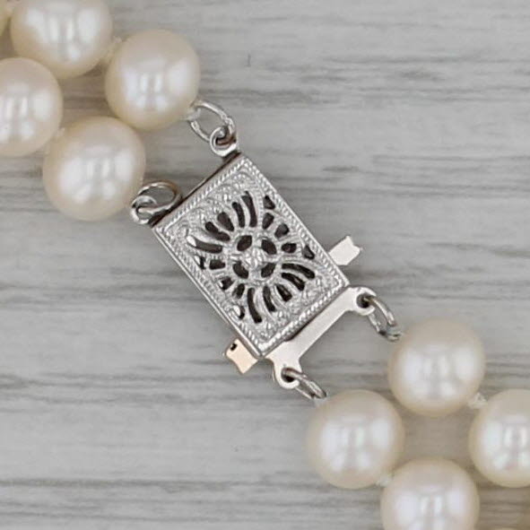 Vintage 2-Strand Cultured Pearl Bracelet 14k White Gold Filigree Clasp 6.75"