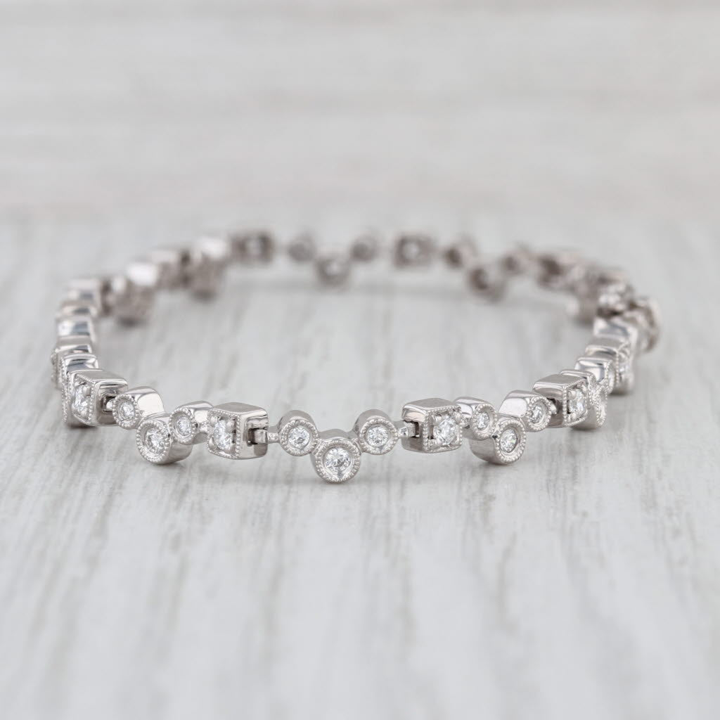 1.12ctw Diamond Tennis Bracelet 18k White Gold Circles & Squares 7" 5mm