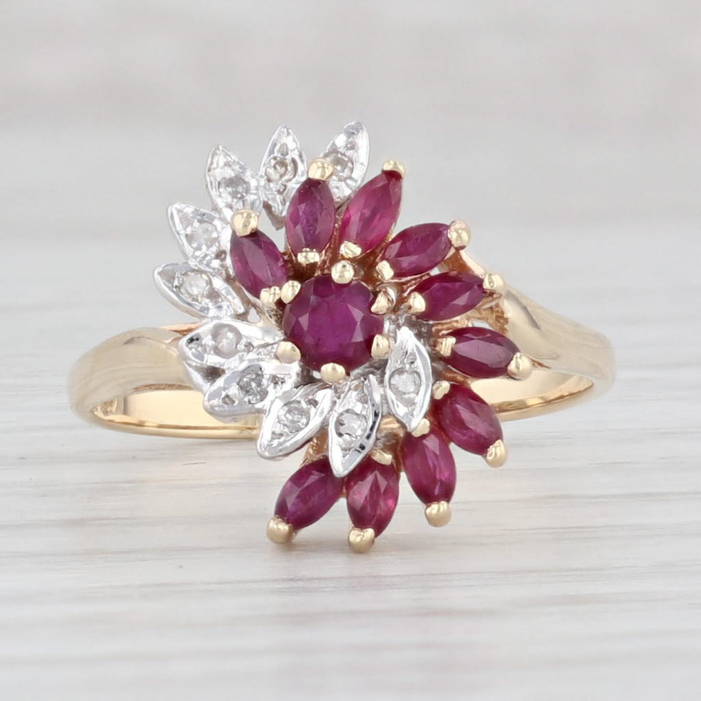 Light Gray 0.83ctw Ruby Diamond Swirl Flower Cluster Ring 14k Yellow Gold Size 8