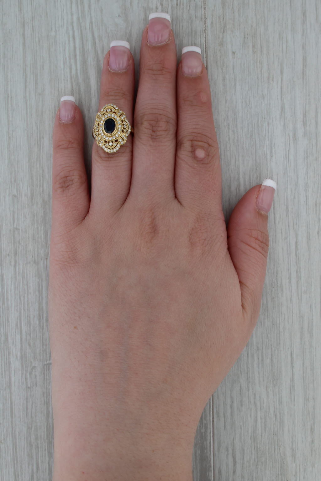 1.41ctw Oval Blue Sapphire Diamond Halo Ring 18k Yellow Gold Ornate Size 4.5
