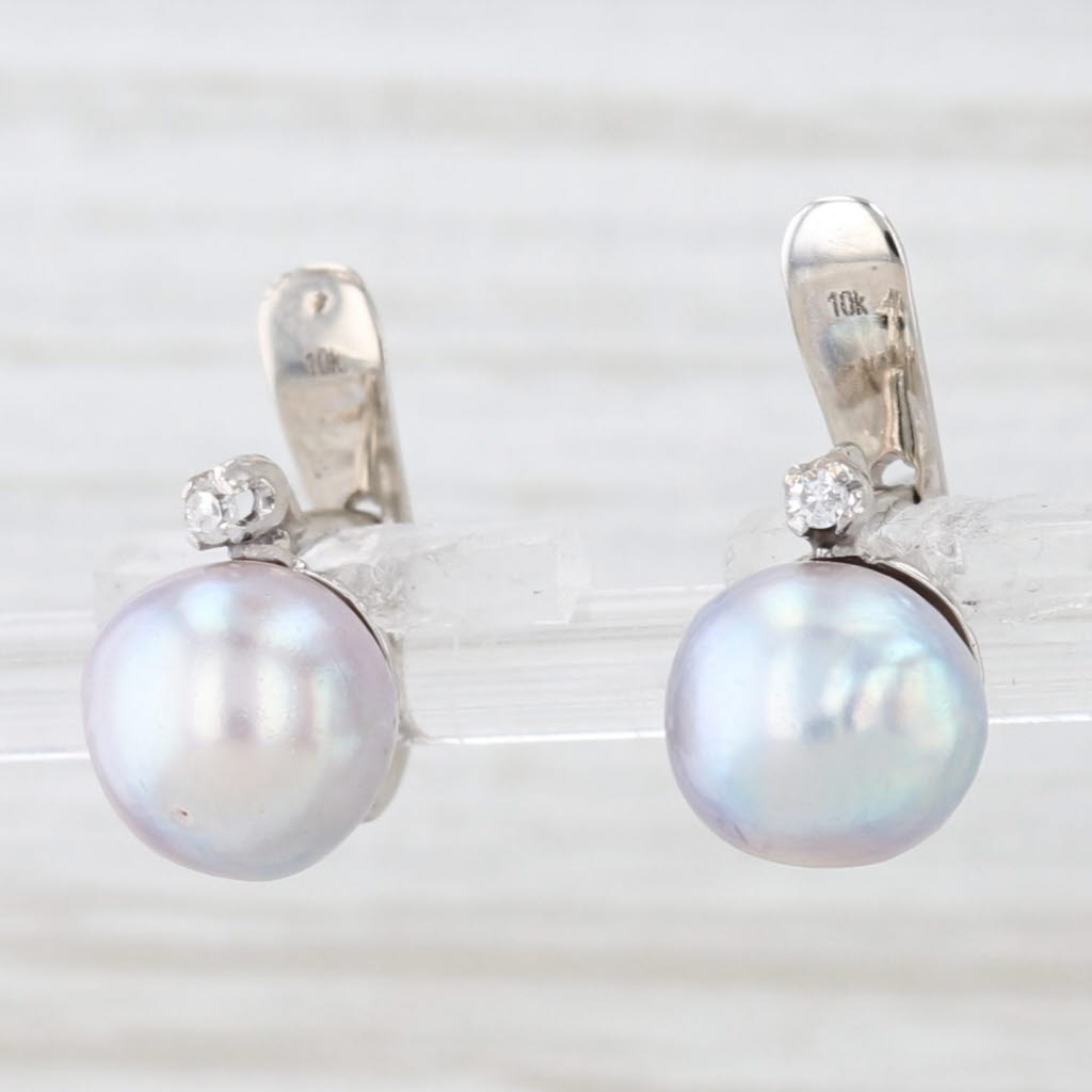 Light Gray Gray Cultured Pearl Diamond Drop Earrings 10k White Gold Snap Top Posts