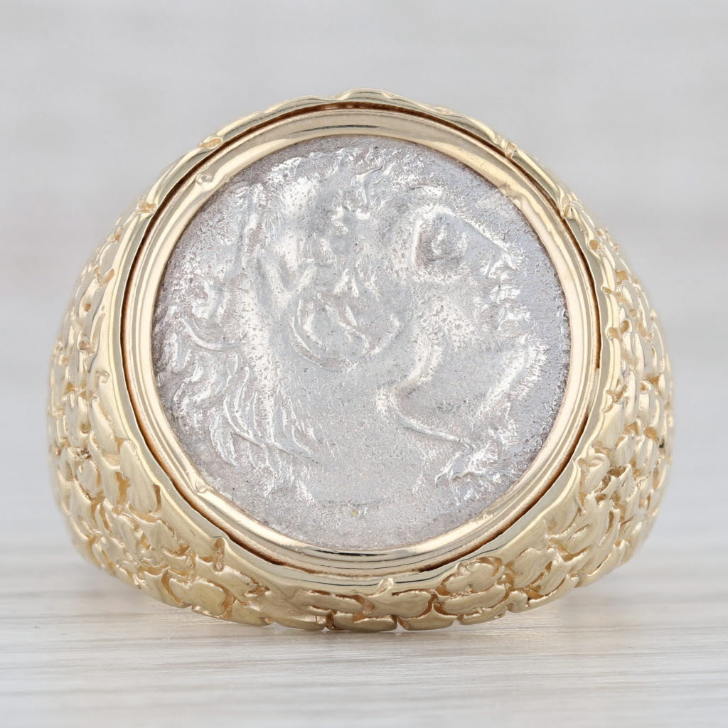 Gray Greek Style Coin Signet Ring 14k Yellow Gold 98 Silver Size 12.25 Nugget Band