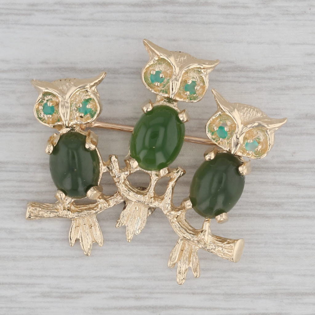 Gray Vintage Nephrite Jade Chalcedony Owl Brooch 14k Yellow Gold Pin 3 Owls