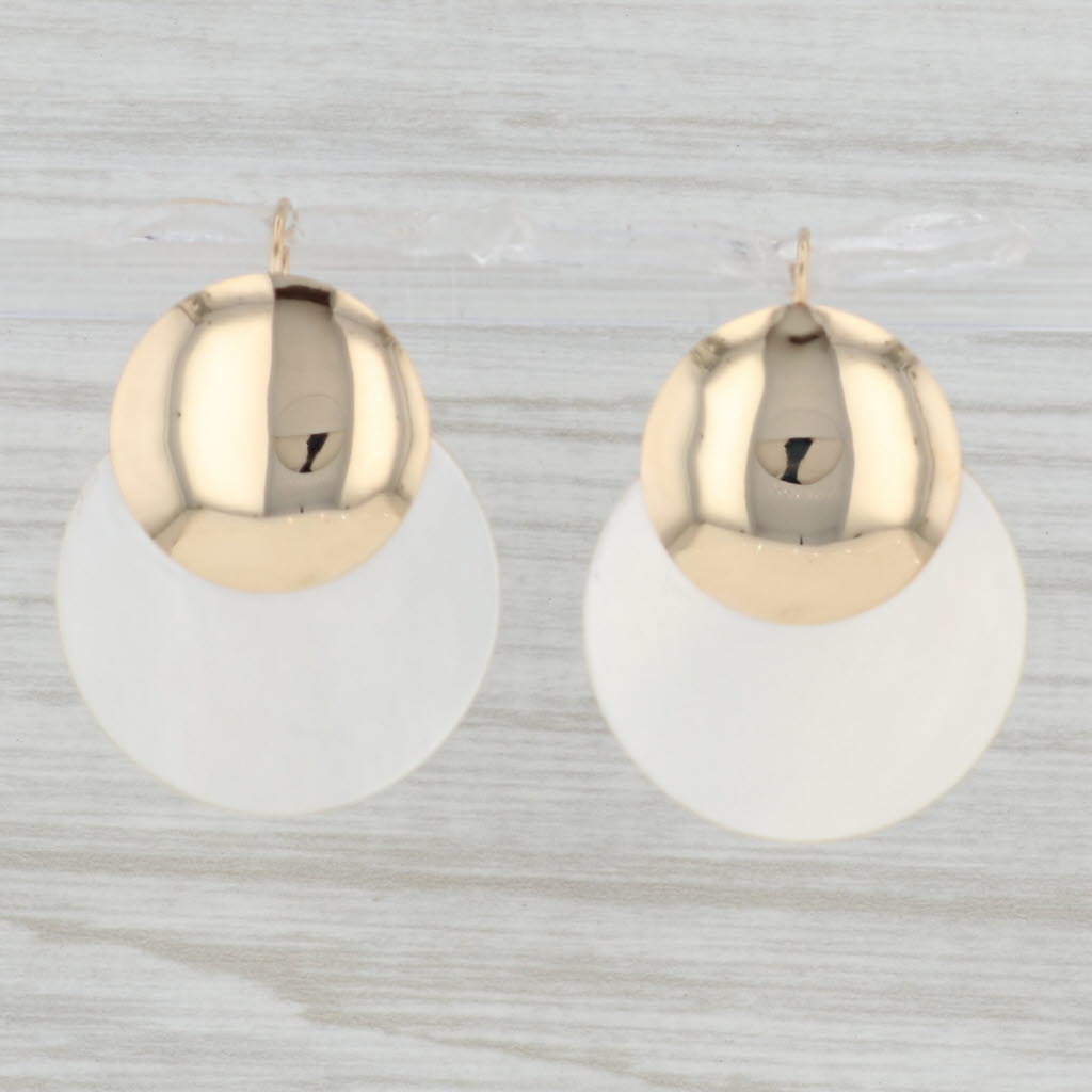 Light Gray Mother of Pearl Round Drop Earrings 14k Yellow Gold Hook Posts