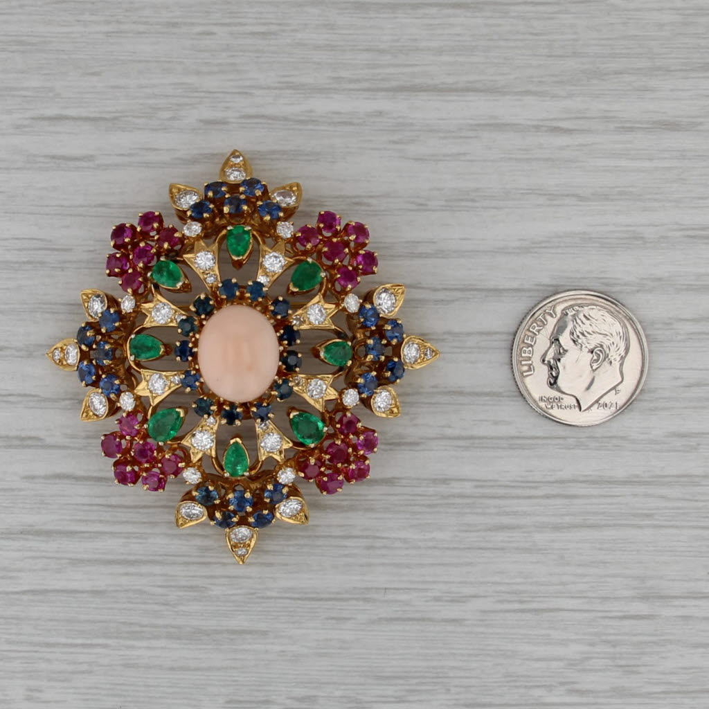 Large Gemstone Brooch Pendant 14k Gold Coral Emerald Sapphire Ruby Diamond