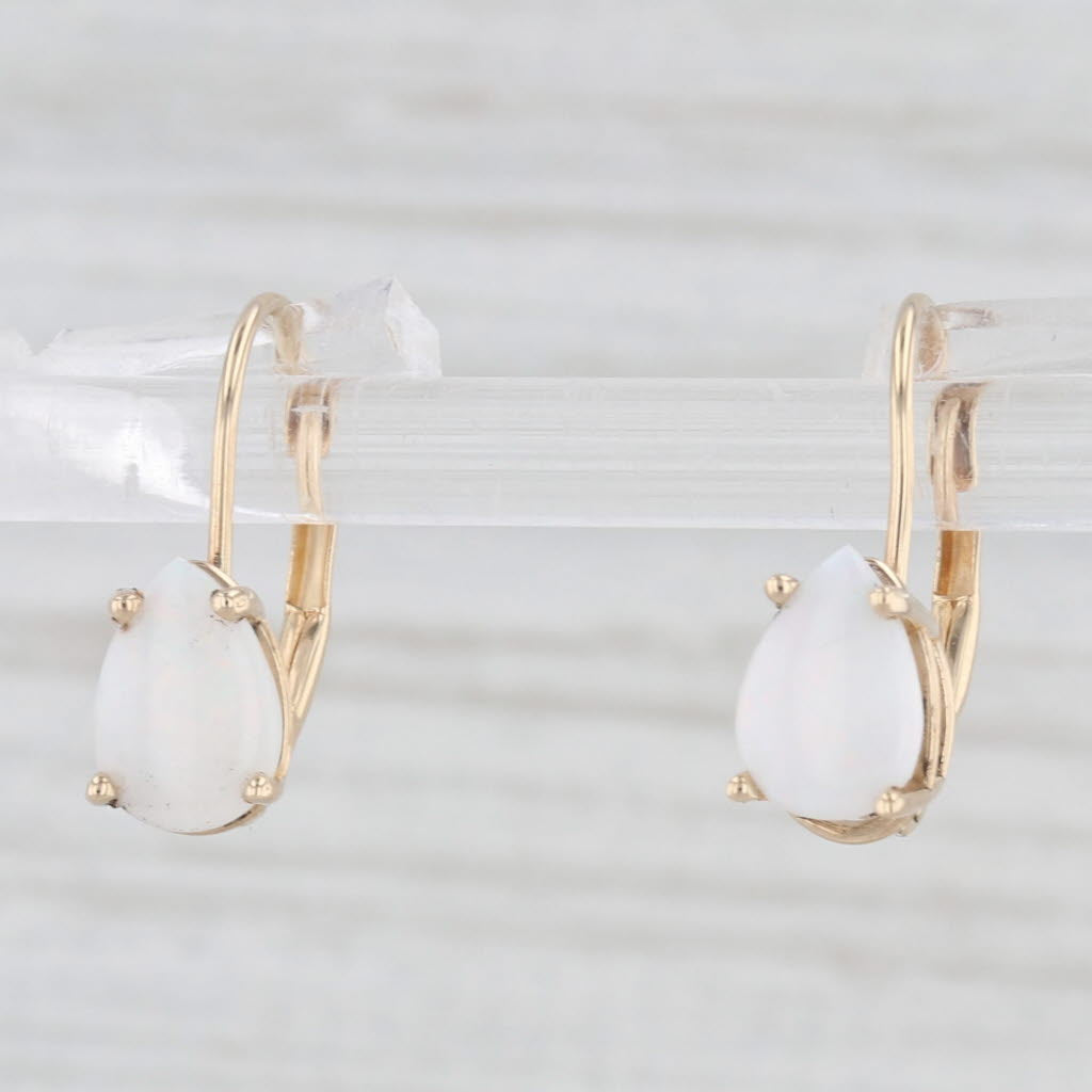 Light Gray Opal Pear Cabochon Teardrop Earrings 14k Yellow Gold Lever Backs