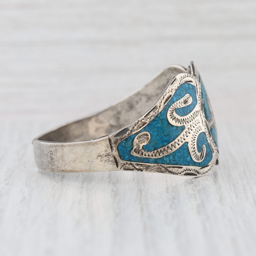 Vintage Blue Resin Mosaic Ornate Cuff Bracelet Sterling Silver