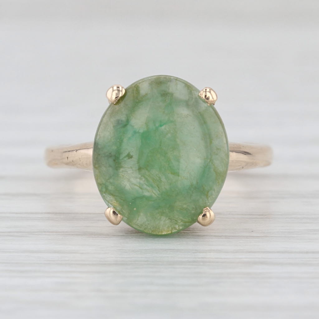 Oval Cabochon Green Jadeite Jade Solitaire Ring 14k Yellow Gold Size 6
