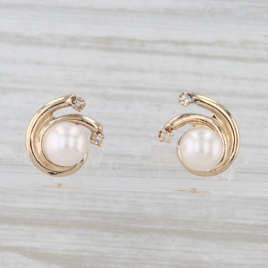 Light Gray Cultured Pearl Diamond Swirl Stud Earrings 14k Yellow Gold