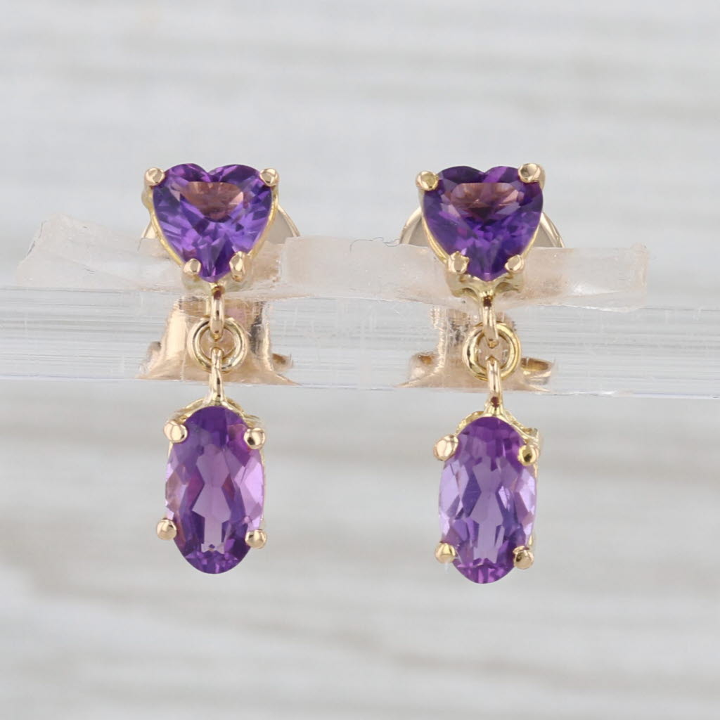 1.80ctw Amethyst Heart Dangle Earrings 14k Yellow Gold Small Drops