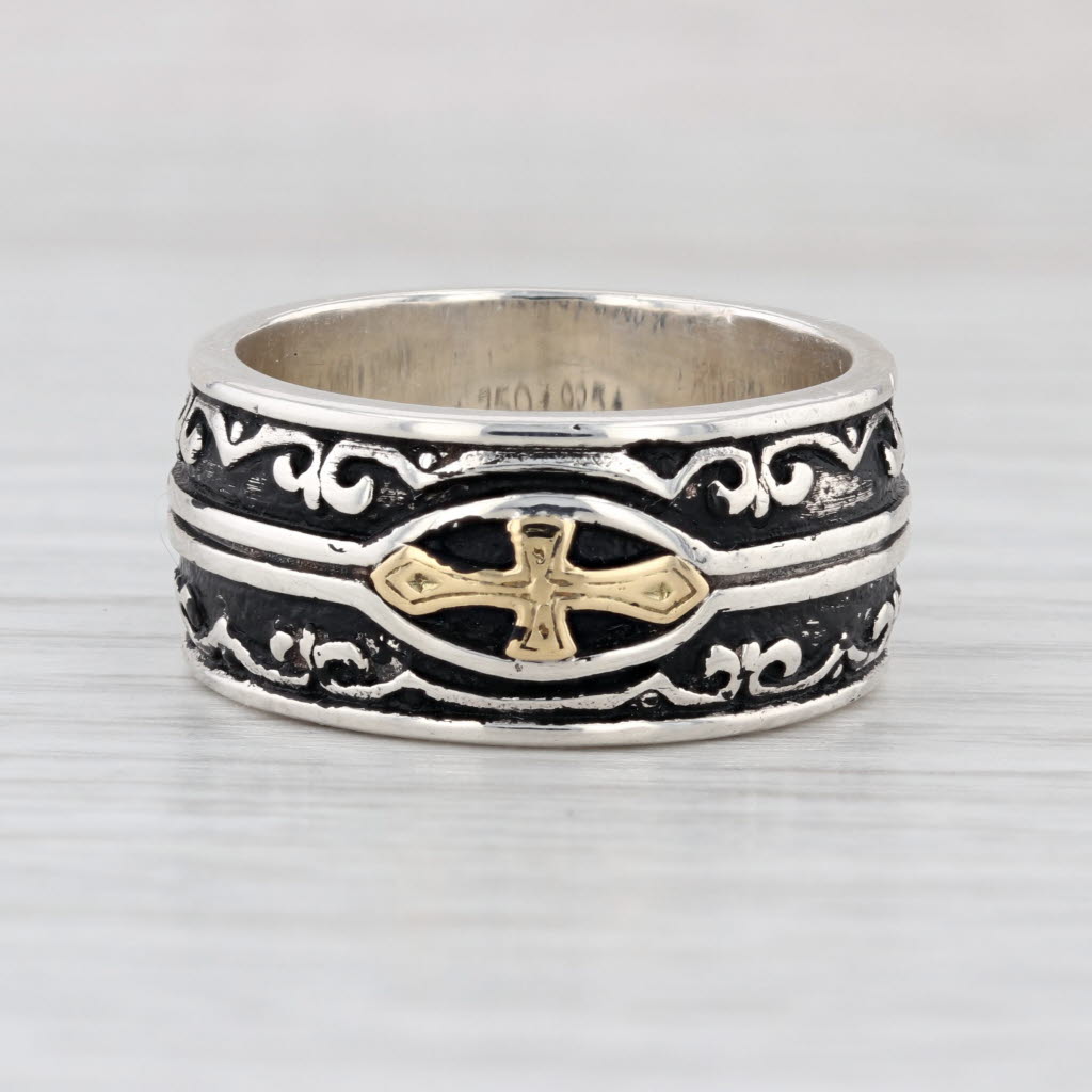 Konstantino Ornate Cross Ring Sterling Silver 18k Gold Band Size 10.5