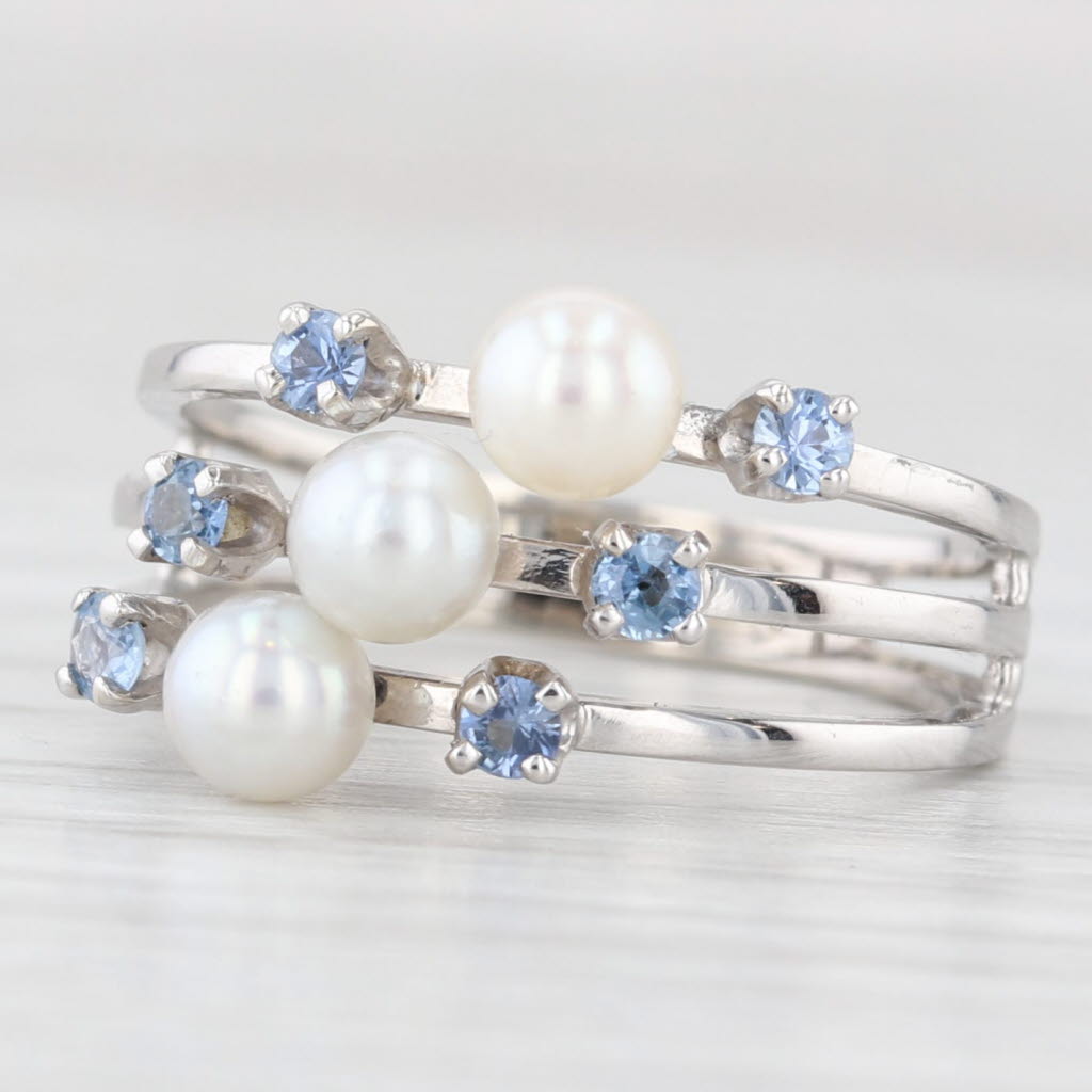 Light Gray Cultured Pearl 0.30ctw Blue Sapphire Multiband Ring 14k White Gold Size 5.75