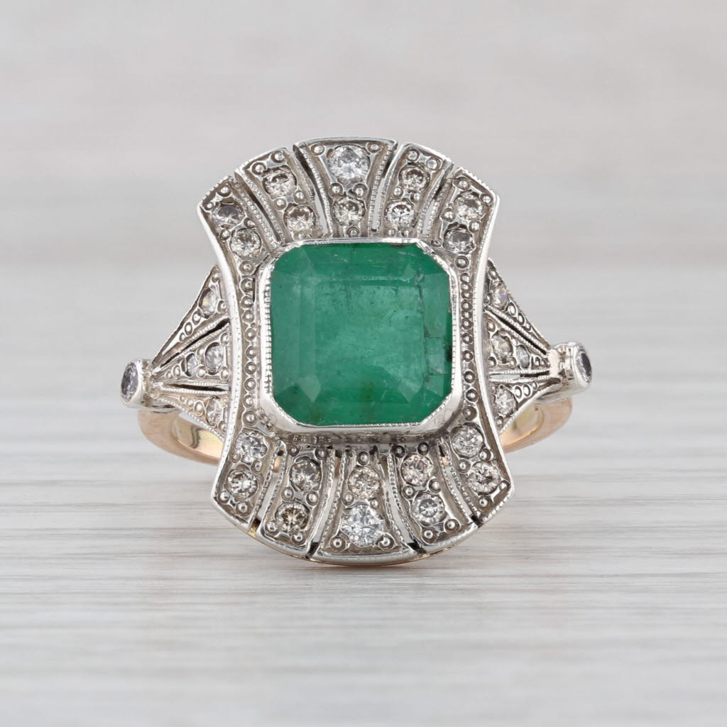 Vintage 3.53ctw Emerald Diamond Ring 14k Gold Silver Cocktail Size 9