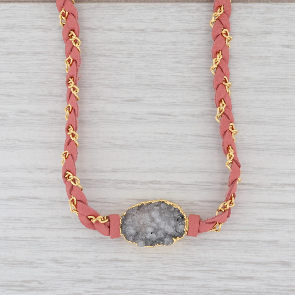New Nina Wynn Necklace Cordelia Woven Pink Leather Gray Druzy Pendant NWT