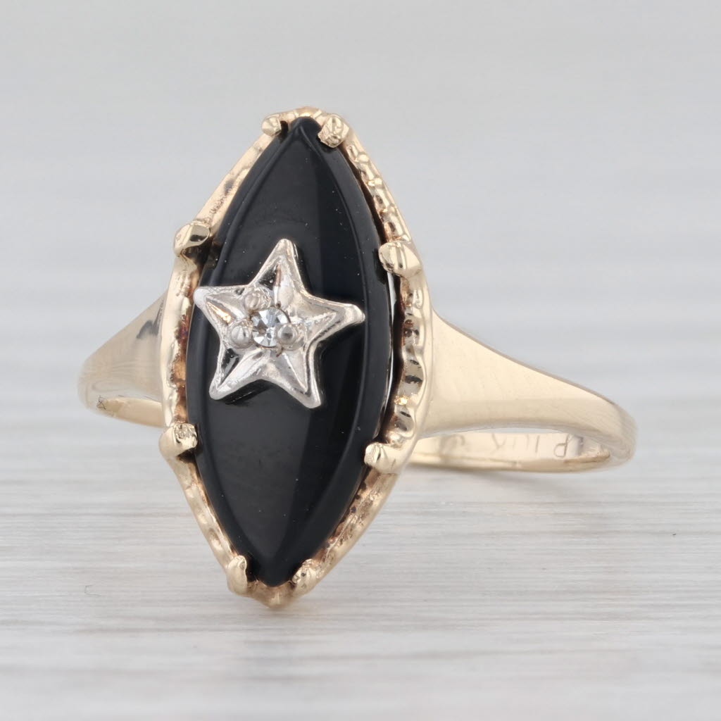 Light Gray Vintage Onyx Diamond Star Signet Ring 10k Yellow Gold Size 5