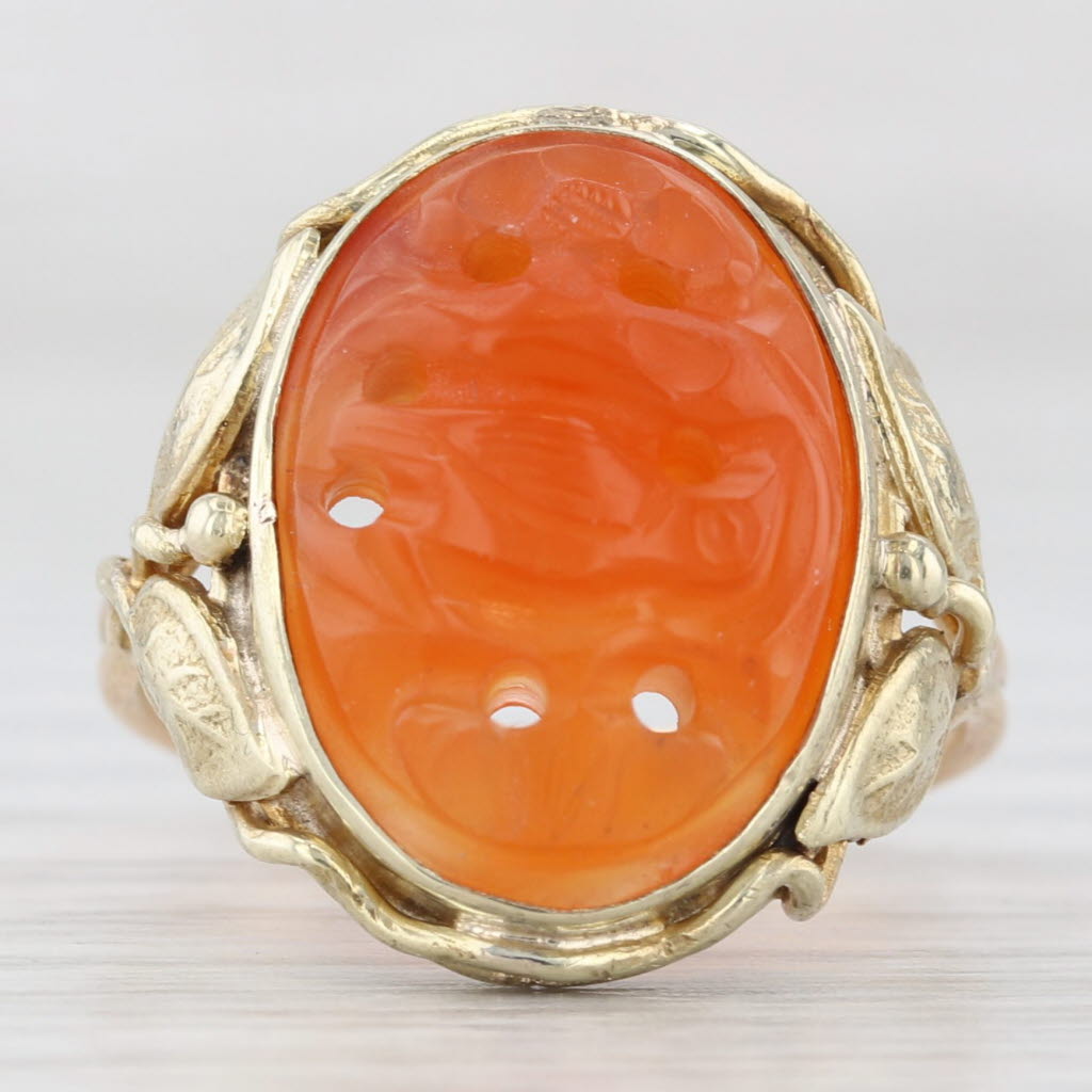 Chocolate Vintage Carved Carnelian Dragon Ring 14k Yellow Gold Leaf Accents Size 6