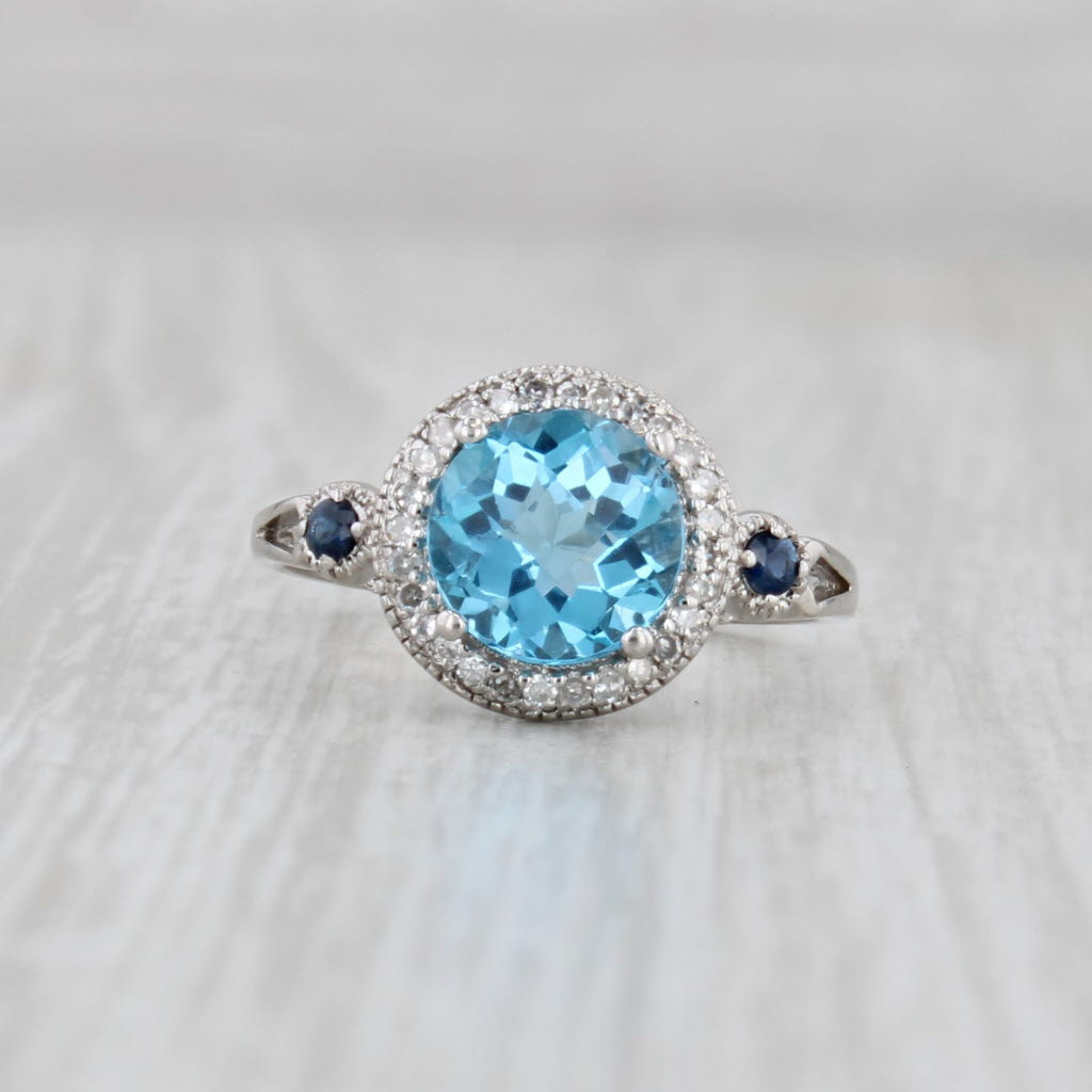 Light Gray 2.51ctw Blue Topaz Sapphire Diamond Halo Ring 14k White Gold Size 7