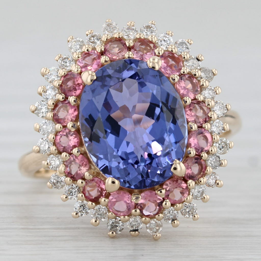 Gray 3.58ctw Tanzanite Pink Tourmaline Diamond Halo Ring 10k Yellow Gold Size 5