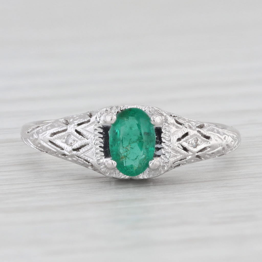 Light Gray 0.40ct Oval Emerald Solitaire Ring 14k White Gold Engagement Vintage Filigree