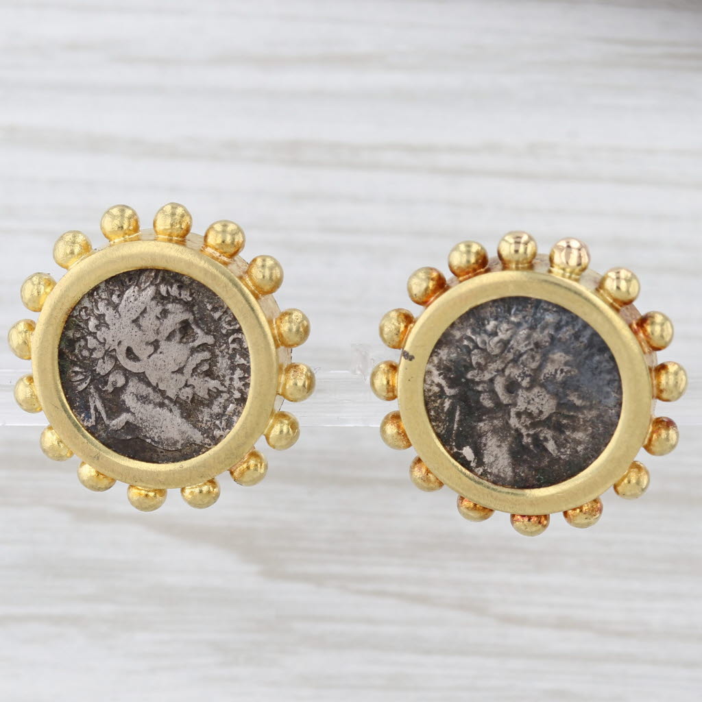 Light Gray Elizabeth Locke Silver Ancient Coin Stud Earrings 18k Yellow Gold Statement