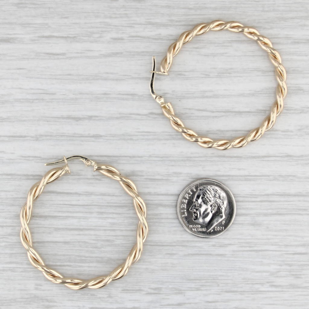 Round Twist Hoop Earrings 14k Yellow Gold Pierced Snap Top Hoops 37 x 3.6mm