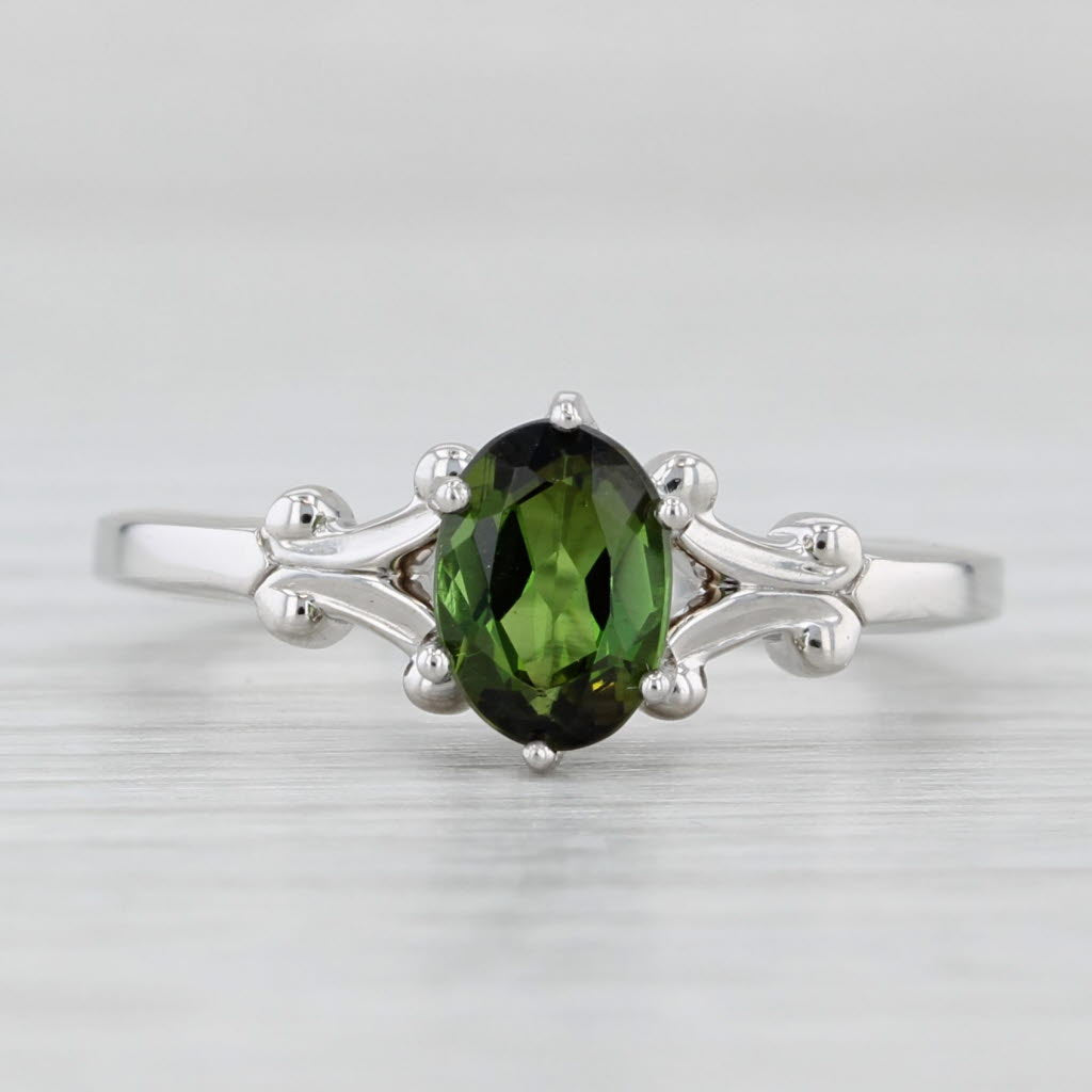 Light Gray 0.85ct Oval Green Tourmaline Solitaire Ring 14k White Gold Size 6.25