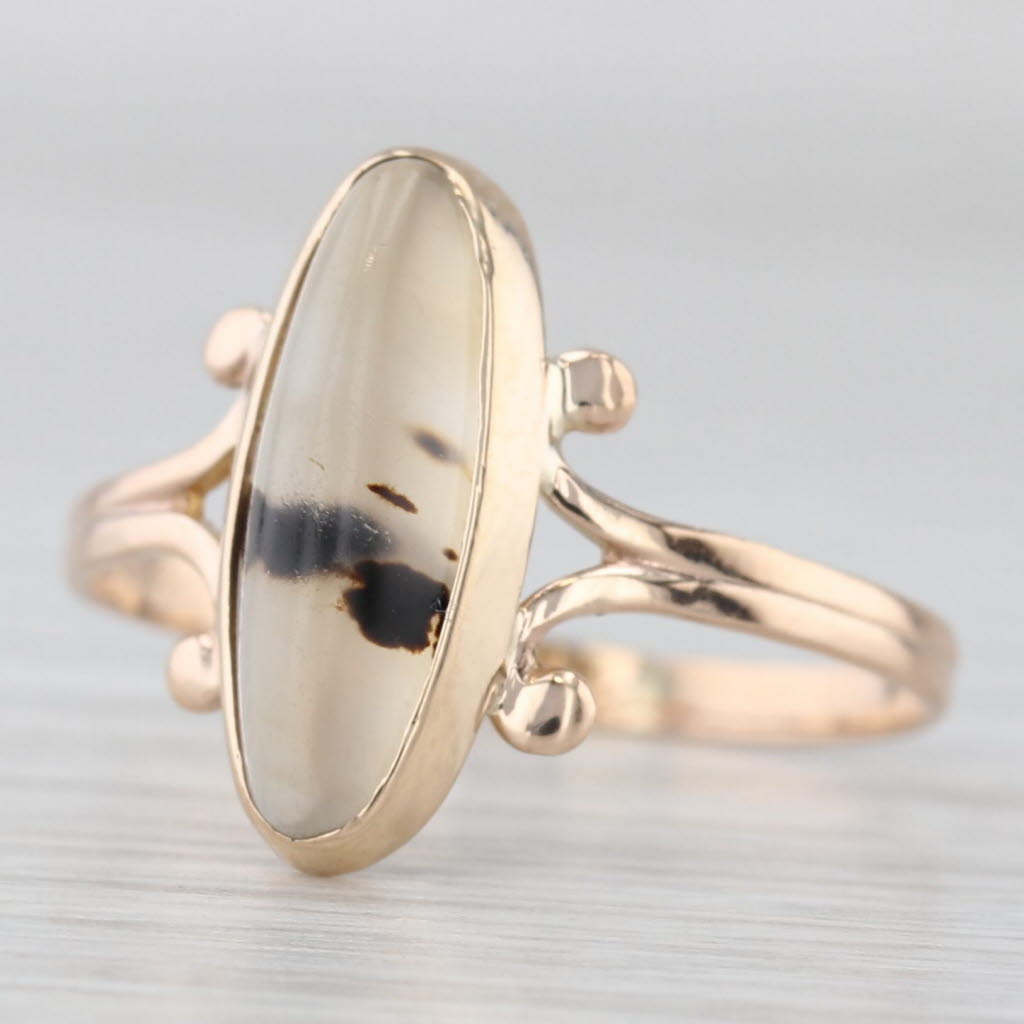 Vintage Agate Oval Cabochon Solitaire Ring 10k Yellow Gold Size 6.5