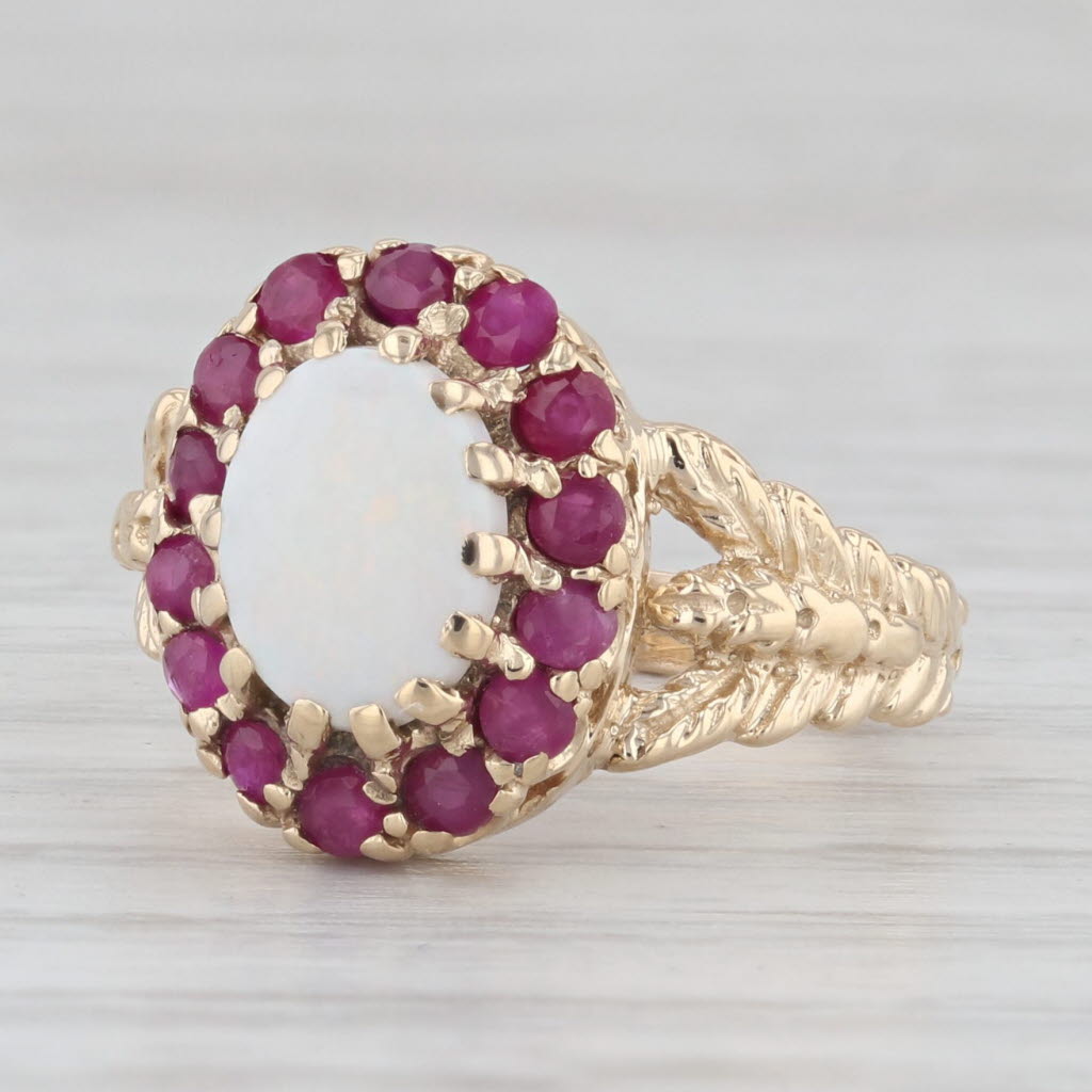 Light Gray Opal Ruby Halo Ring 10k Yellow Gold Size 5.5 Floral Band