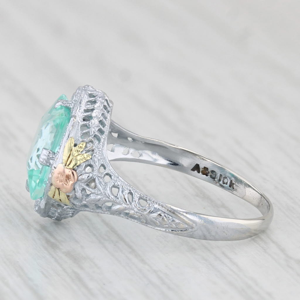 Light Gray Vintage Lab Created Green Spinel Ring 10k White Gold Filigree Size 6.25