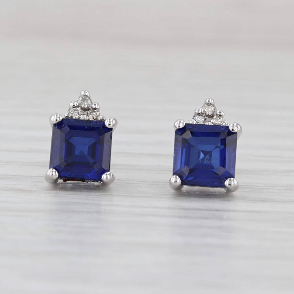 2.64ctw Lab Created Blue Sapphire Stud Earrings 10k White Gold Diamond Accents