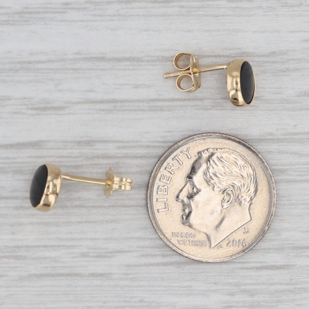 Gray Onyx Round Cabochon Solitaire Stud Earrings 14k Yellow Gold