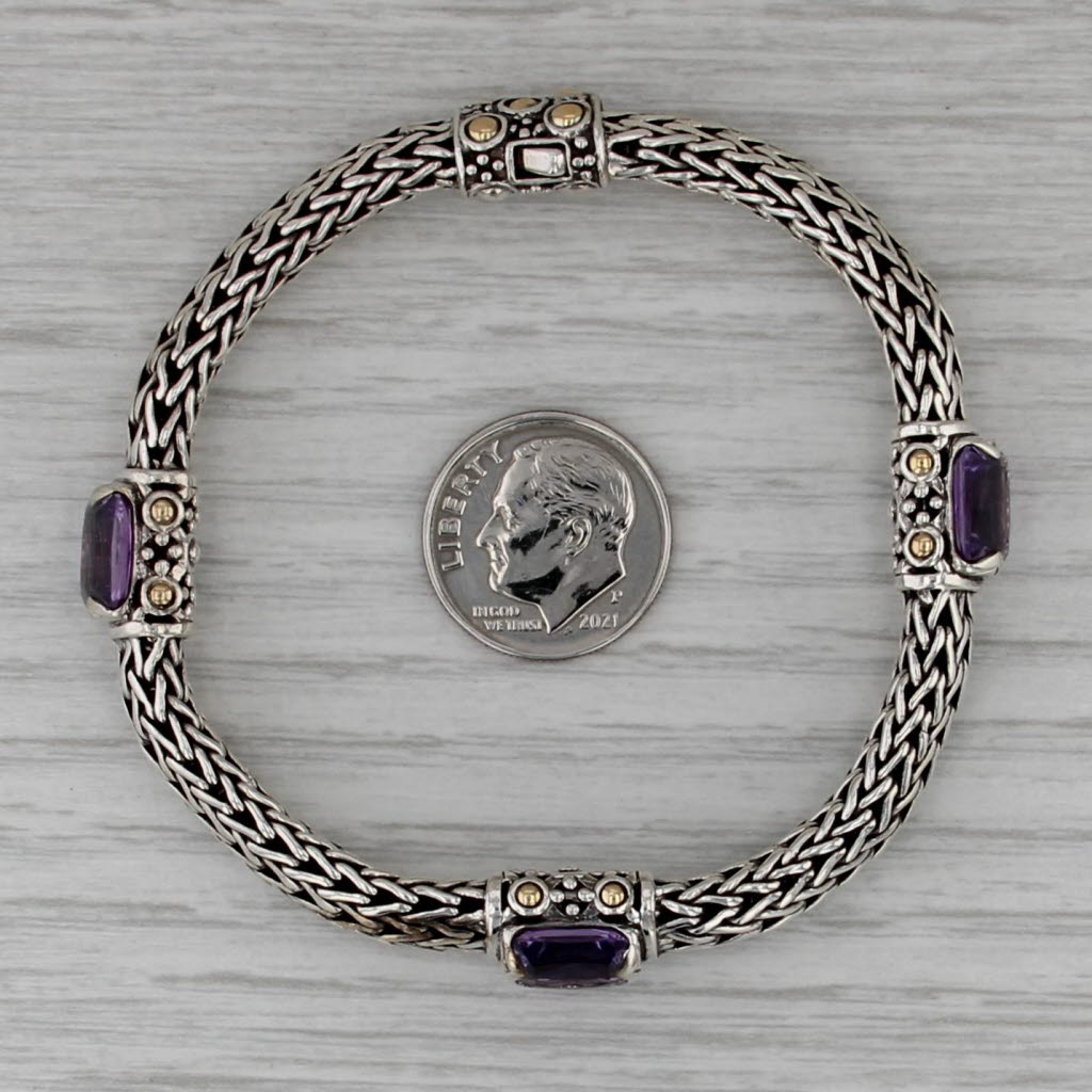 John Hardy Amethyst Station Bracelet Sterling Silver 18k Gold Wheat Chain