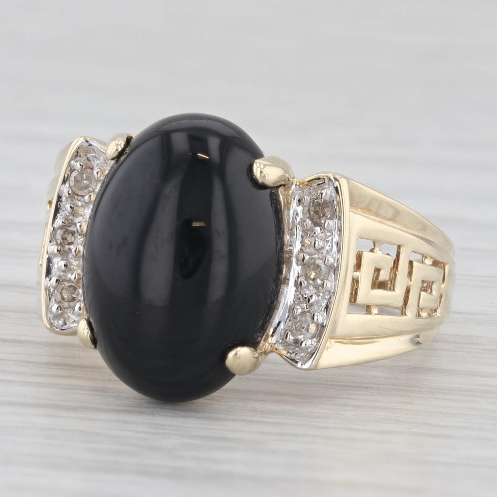 Light Gray Onyx Cabochon Onyx Solitaire Ring 10k Yellow Gold Size 7.25 Greek Key Pattern